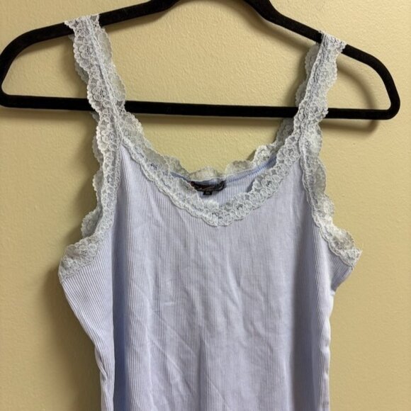 Splash Womens Y2K Blue Lace Trim Ribbed Tank Top Size XL Flirty Coquette Stretch - Picture 2 of 8